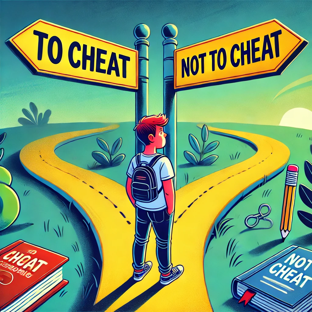 A student deciding what path to take. To cheat or not to cheat.