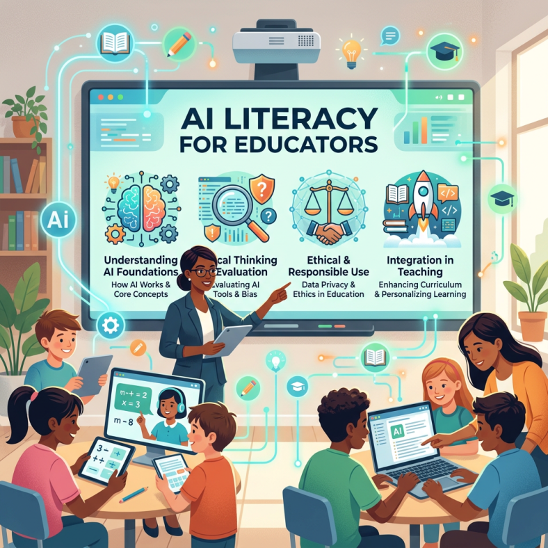 Educator explaining AI literacy concepts on a smartboard to students with tablets and laptops